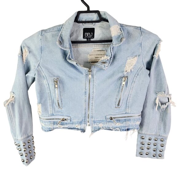 Womens BBJ Distressed Blue Denim Crop Jacket Studded Cuffs Full Zip Size S - Picture 1 of 11